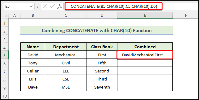 combine concatenate and char (10) functions to solve the problem of "CHAR(10) Function is Not Working in Excel "