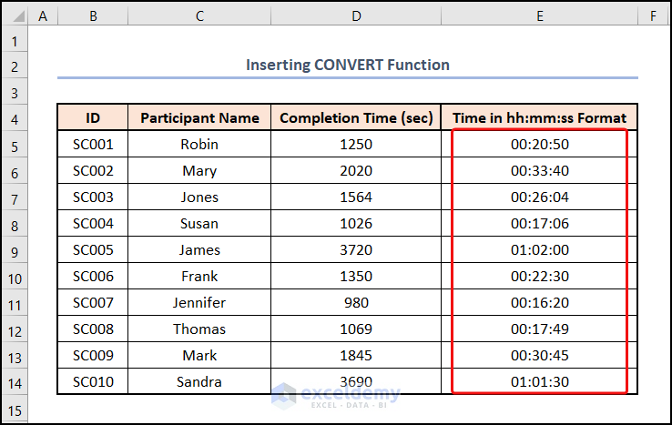 Inserting CONVERT Function to Convert Seconds to hh mm ss in Excel