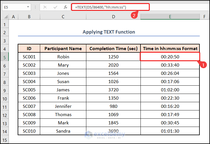 Applying TEXT Function to Convert Seconds to hh mm ss in Excel