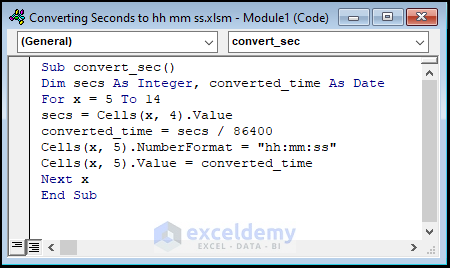 Engaging VBA Code to Convert Seconds to hh mm ss in Excel