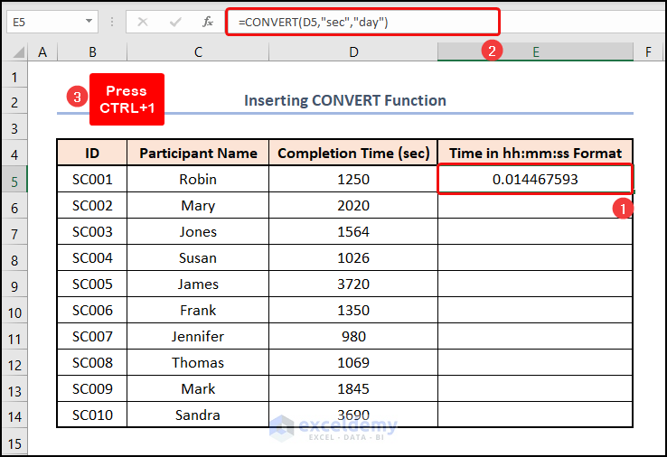 Inserting CONVERT Function to Convert Seconds to hh mm ss in Excel