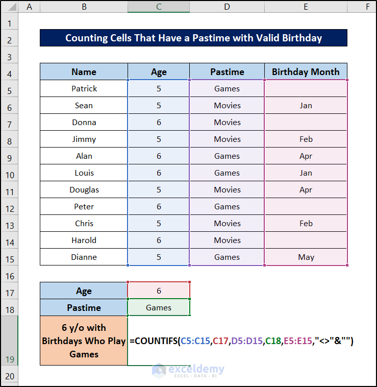 excel countifs not blank multiple criteria formula for valid birthday