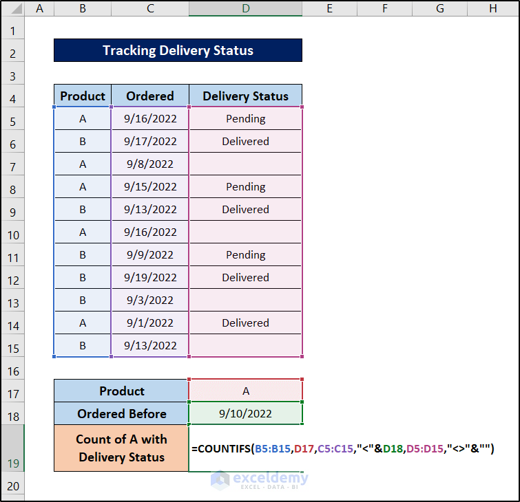excel countifs not blank multiple criteria formula for tracking delivery results