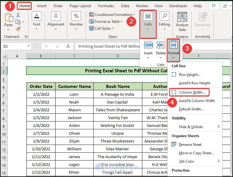 adjust column width to solve the problem of “Excel cutting off text when printing to PDF”