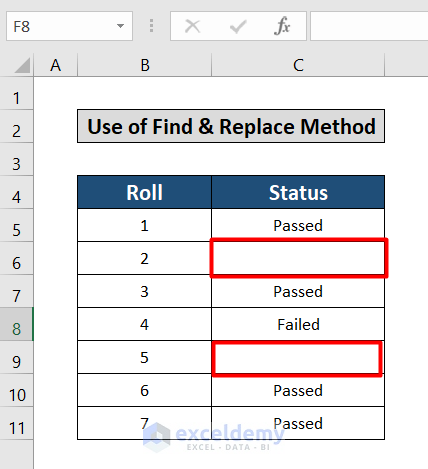 Find and replace method excel fill empty cells with default values