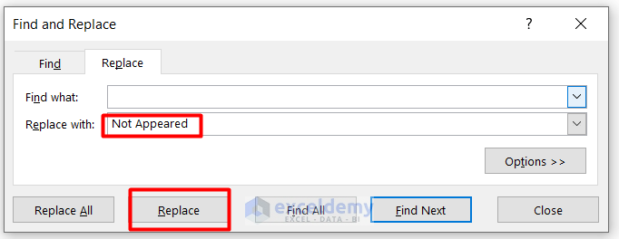 Find and replace method excel fill empty cells with default value