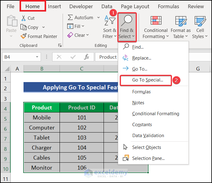 Applying Go To Special Feature and a Formula to fill empty cells with last value in Excel
