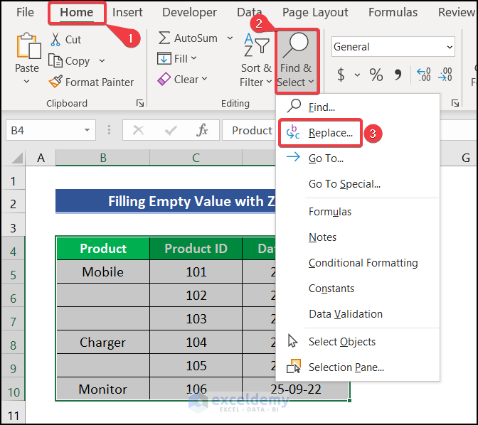 Using Find and Replace to fill empty cells with last value in Excel