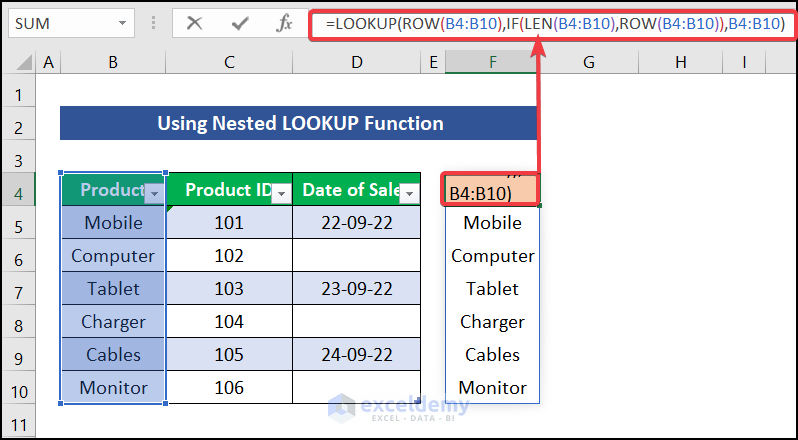 Using Nested LOOKUP Formula to fill empty cells with last value in Excel