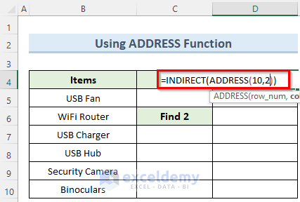 address function to get cell value in excel