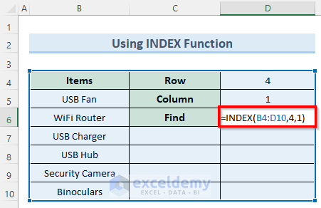 index function to get cell value by address in excel