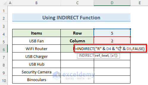 indirect function to get cell value by address in excel