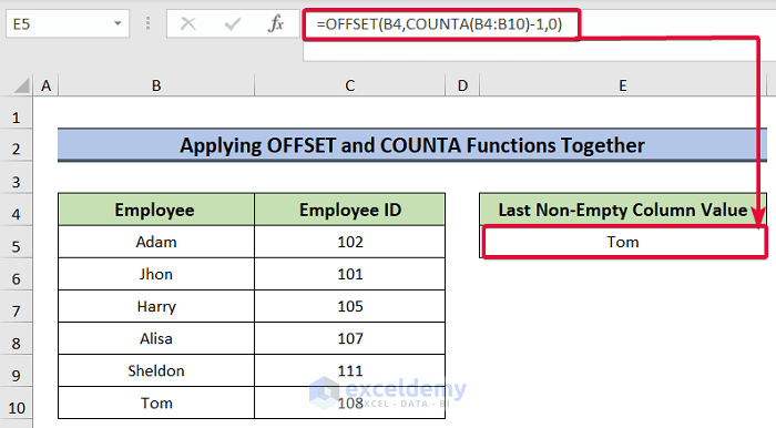 applying offset and counta functions together to go to last non empty cell in column in excel