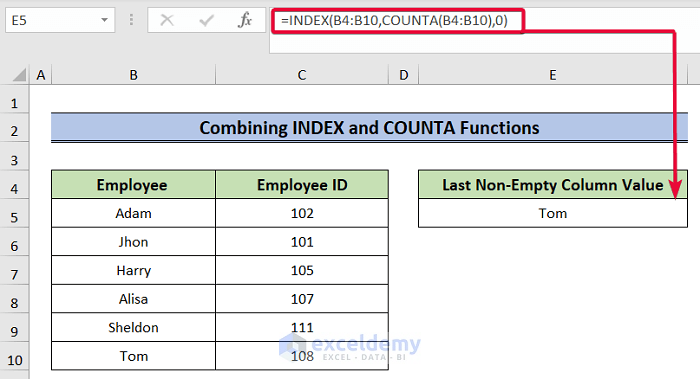 combining index and counta functions to go to last non empty cell in column in excel