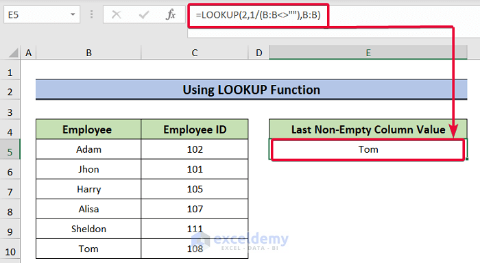 using lookup function to go to last non empty cell in column in excel