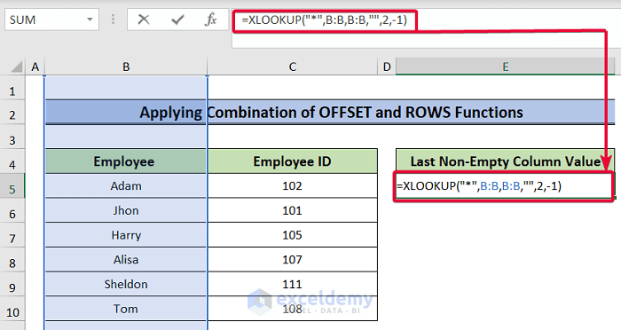 applying xlookup function to go to last non empty cell in column in excel