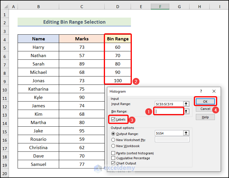 2nd solution of method 3 when histogram bin range not working in Excel
