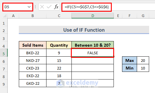 Check If Value Is Between 10 and 20 Using IF Function