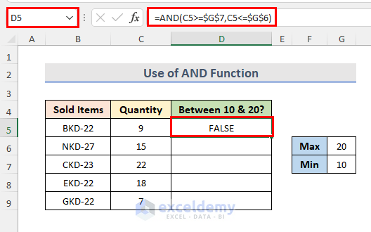 Insert AND Function to Find Out Value Between 10 and 20 in Exce