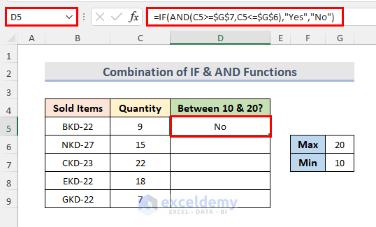 Detect Values Between 10 and 20 in Excel Using IF and AND Functions