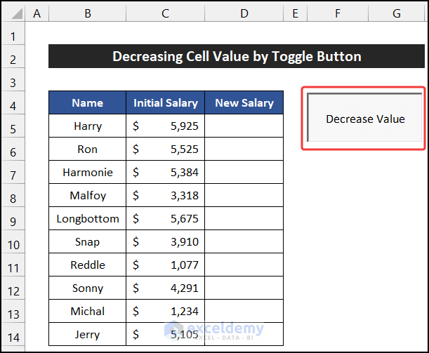Using decrease value toggle button to change cell value