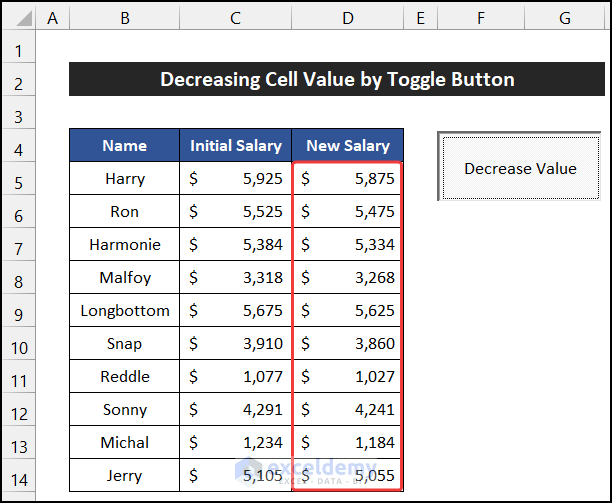 Decrease Cell Value Through Toggle Button to Change Cell Value by Toggle Button