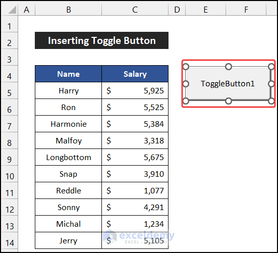 Inserted toggle button in Excel sheet