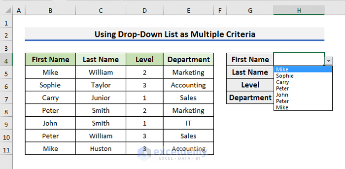 Insert Drop-Down Lists as Multiple Criteria in VLOOKUP in Excel