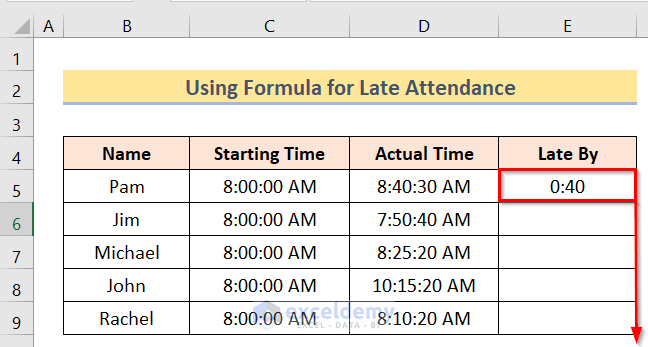 Using Fill Handle to Use Formula for Late Attendance in Excel