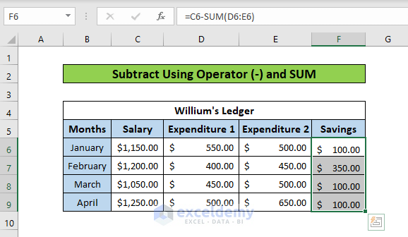 Result of add and Subtract columns in Excel