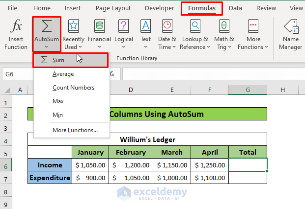 Add Columns using AutoSum 