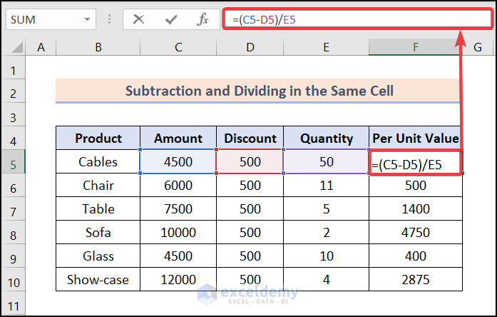 Subtract and Dividing in the Same Cell in Excel