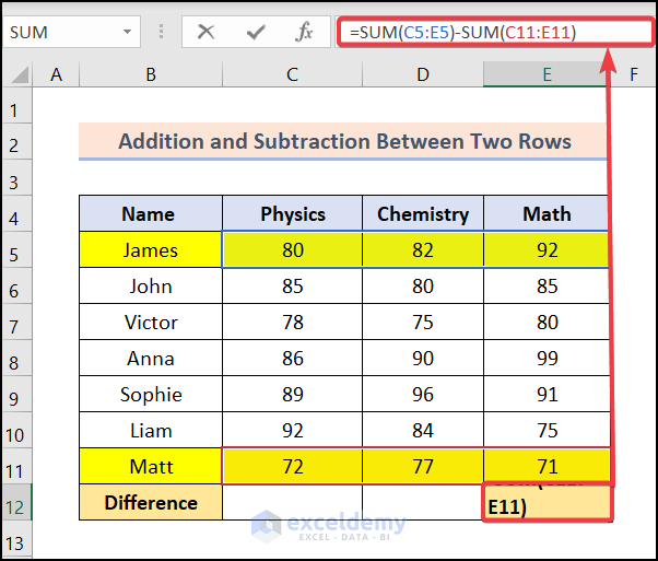 Adding and Subtracting Between Two Rows in One Cell in Excel