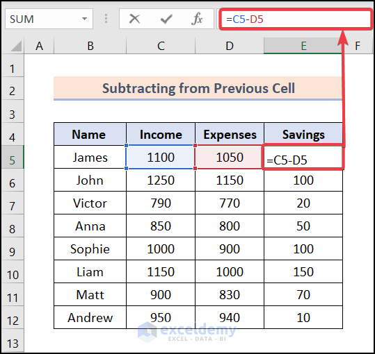  Subtracting from Previous Cell Using Excel Formula