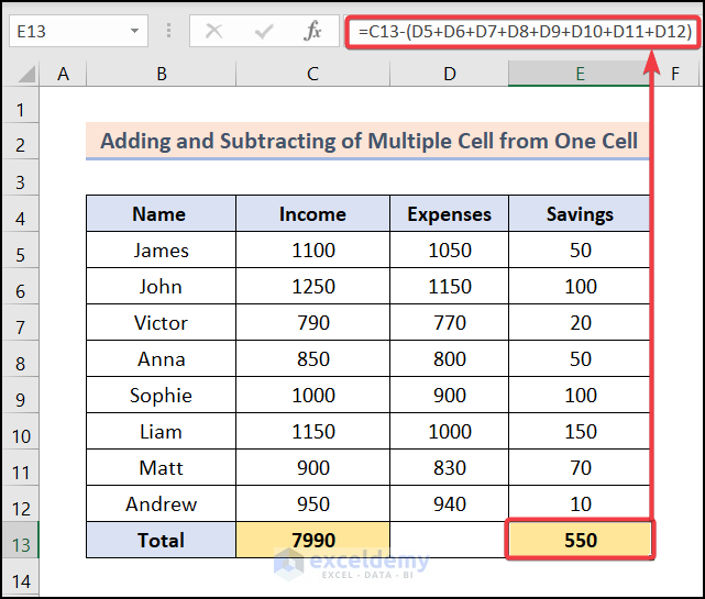 Adding and Subtracting Multiple Cells from One Cell in Excel