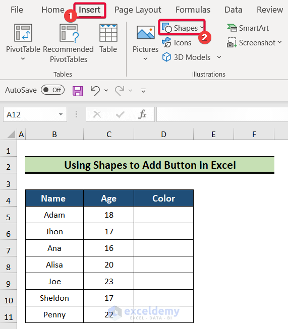 inserting shapes to add button in excel