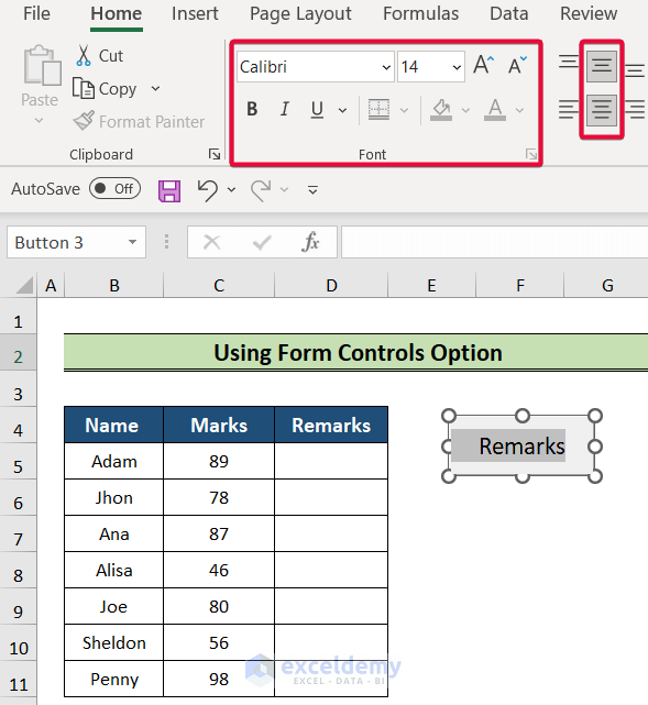 formatting buttons to add button in excel