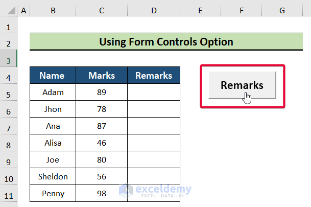 applying cursor to add button in excel