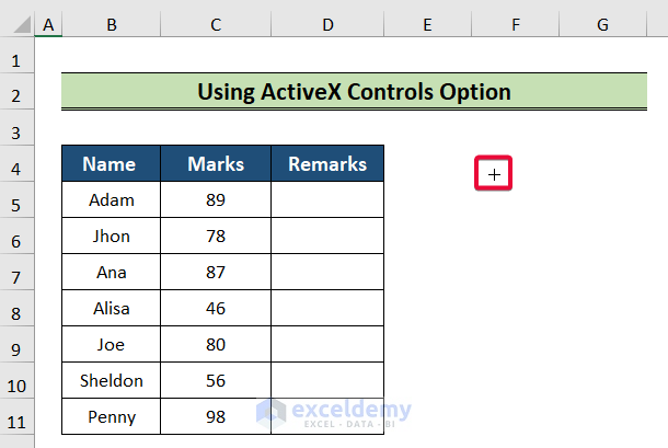 applying plus-signed cursor to add button in excel