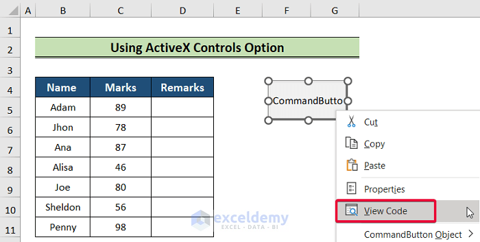 applying view code command to add button in excel