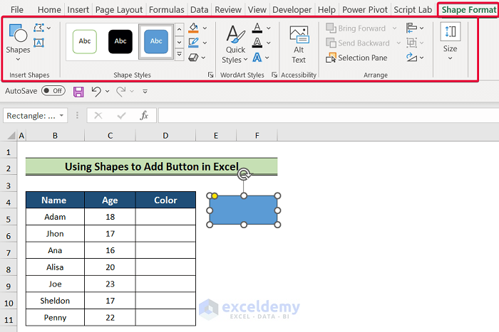 formatting shapes to add button in excel