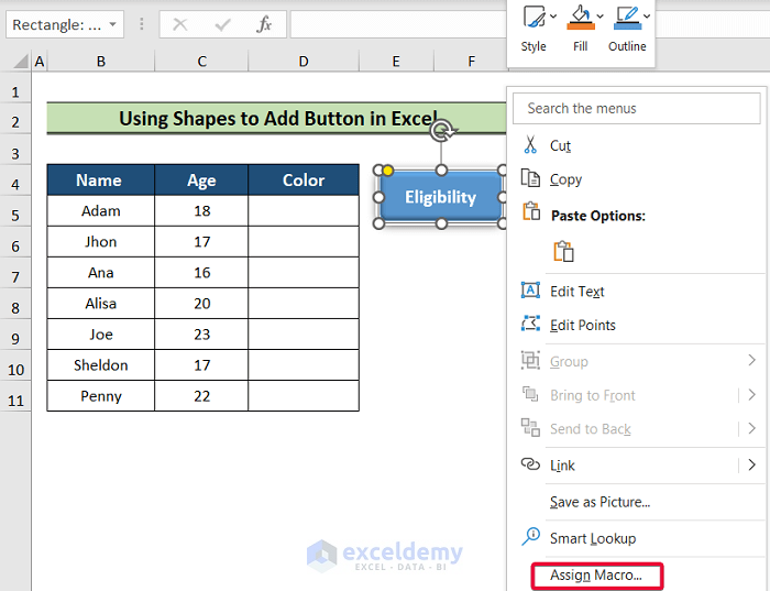 assigning macros to add button in excel