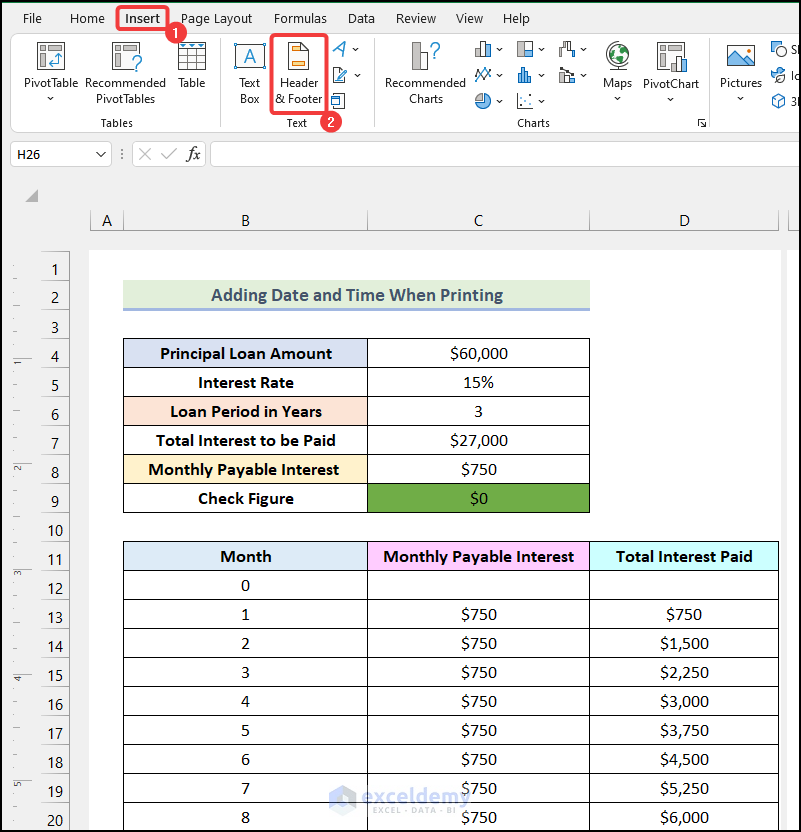 Using Header & Footer Option from Insert Tab to add date and time in excel when printing
