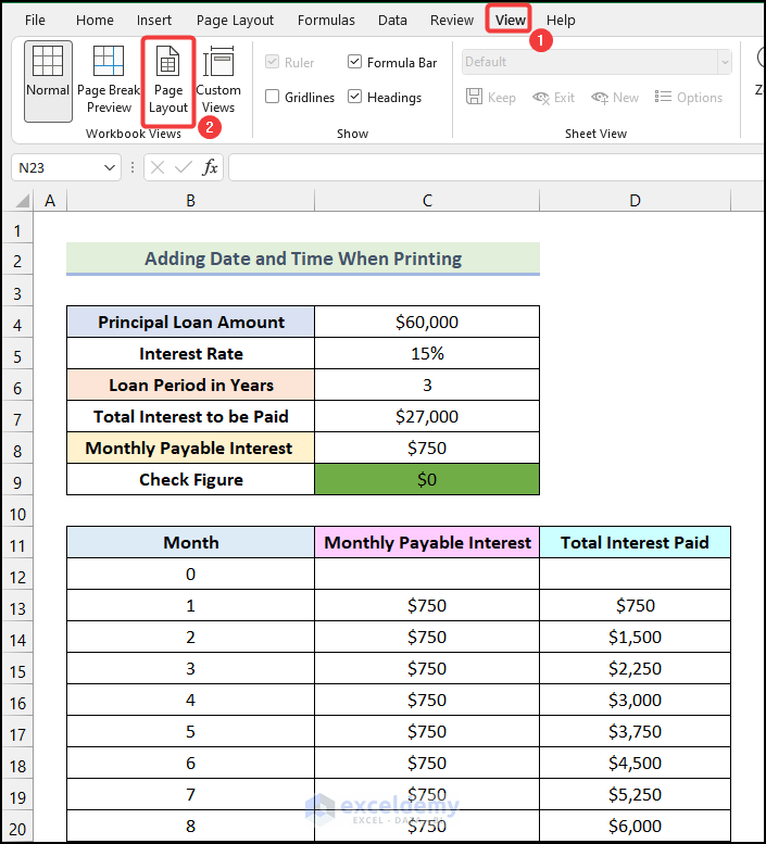 Using Page Layout Option to Print Current Date and Time in Excel
