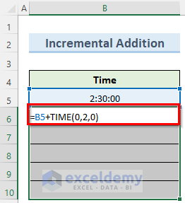 the TIME function to incrementally add hours minutes and seconds in excel