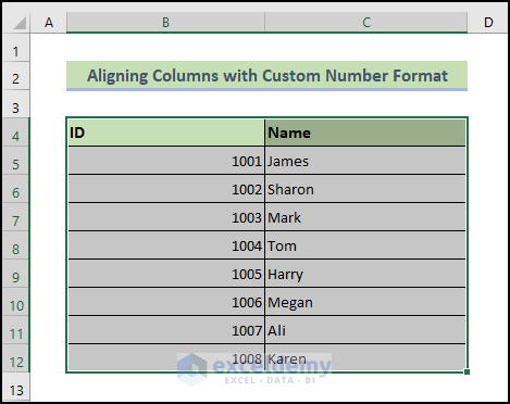 use custom number format to Align Columns in Excel 