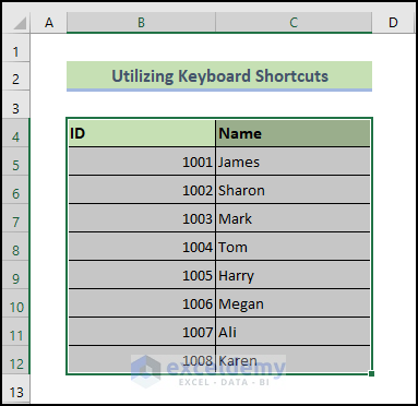 use keyboard shortcuts to Align Columns in Excel 