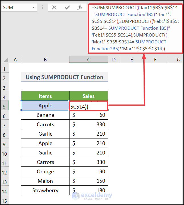 Utilizing SUMPRODUCT Function to apply a formula to multiple sheets in Excel