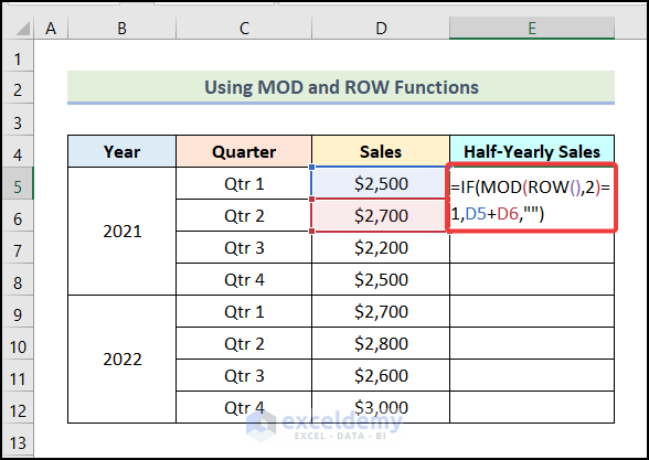 Using MOD and ROW Functions to apply formula in excel for alternate rows