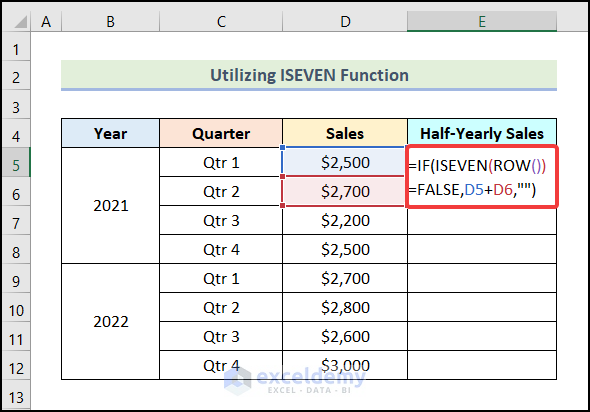 Utilizing ISEVEN Function to apply formula in excel for alternate rows